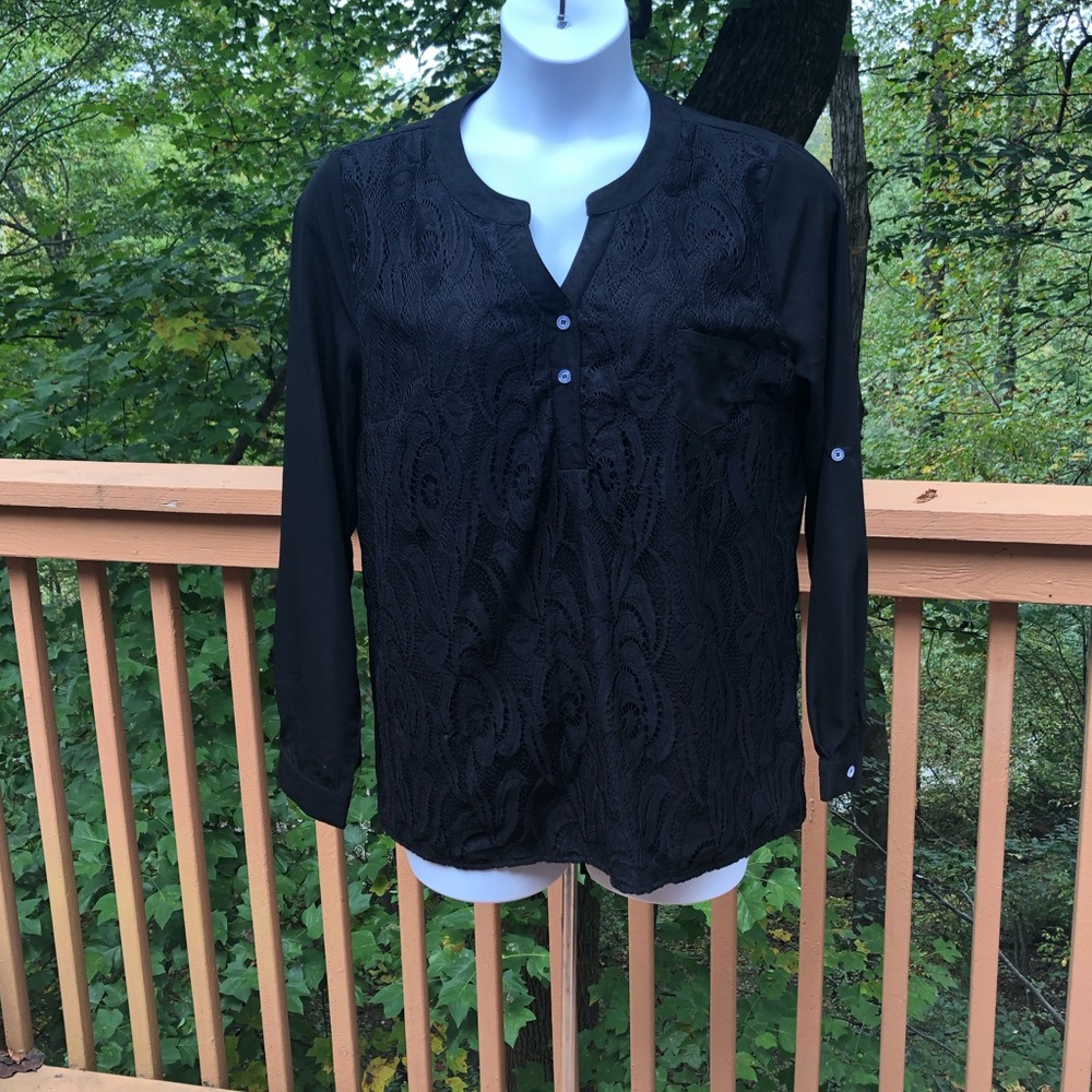 Black Pattern Button Up Back High Low Long Sleeve Top Blouse Shirt XXL - Picture 1 of 5